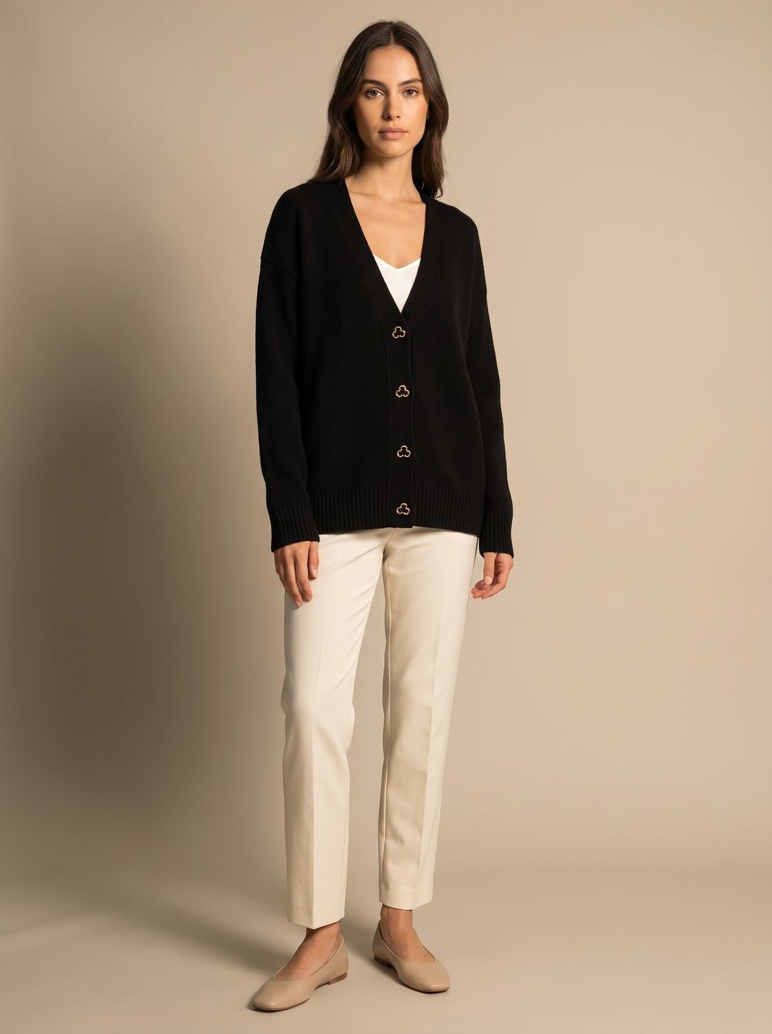 Women's Gold Heart-Button V-Neck Knit Cardigan