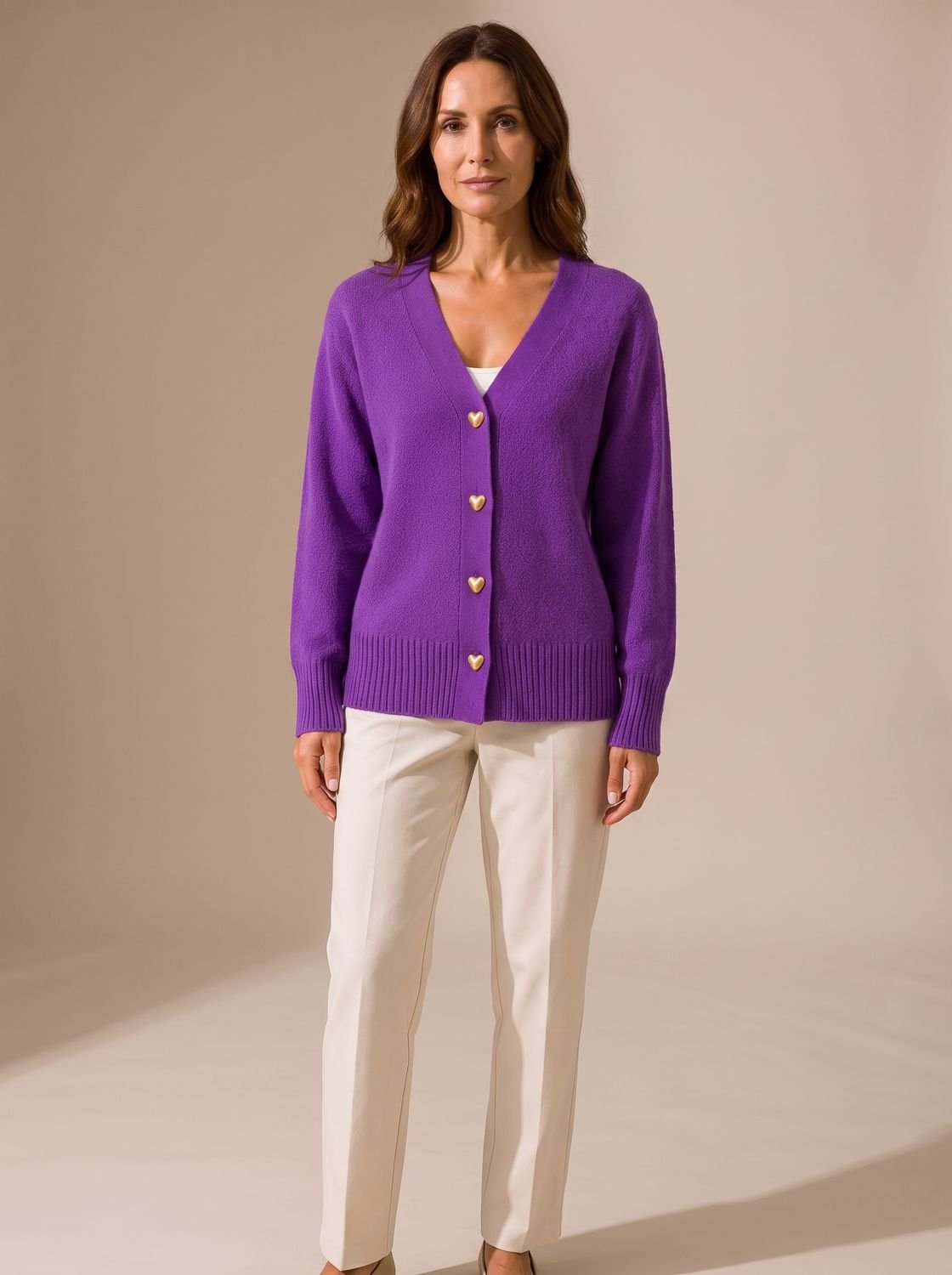 Women's Gold Heart-Button V-Neck Knit Cardigan