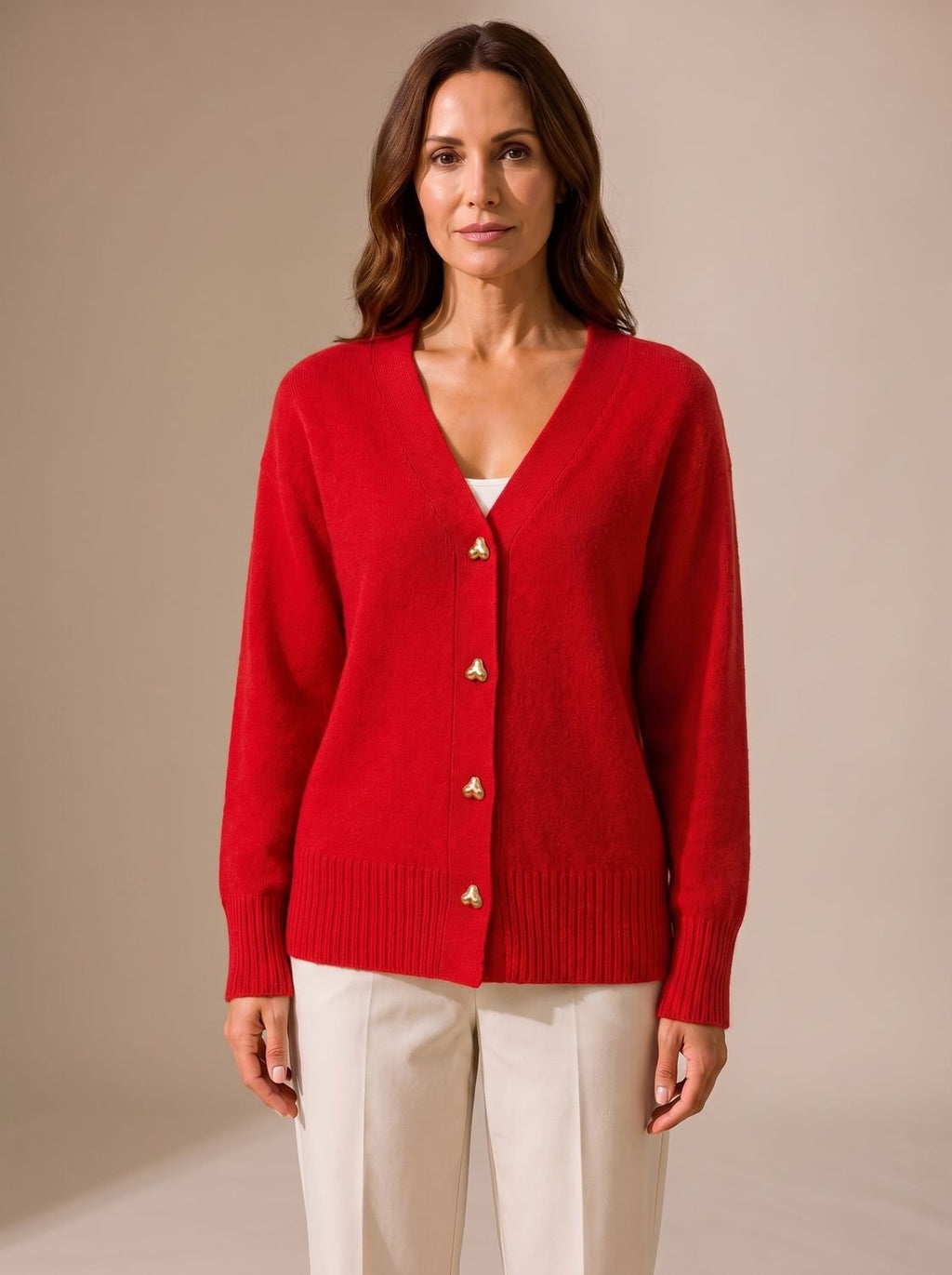 Women's Gold Heart-Button V-Neck Knit Cardigan