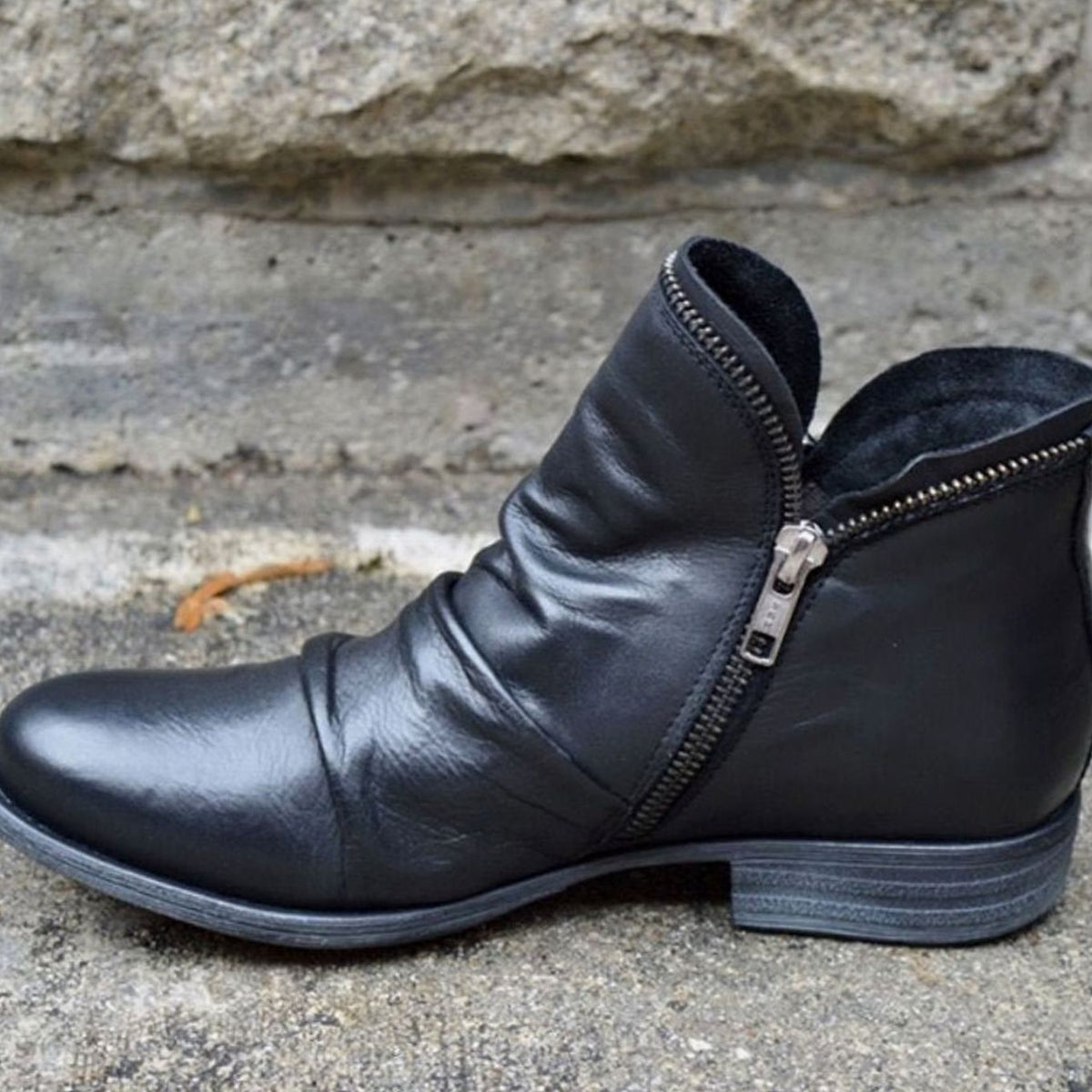 Women's Side-Zip Ruched Leather Ankle Boots