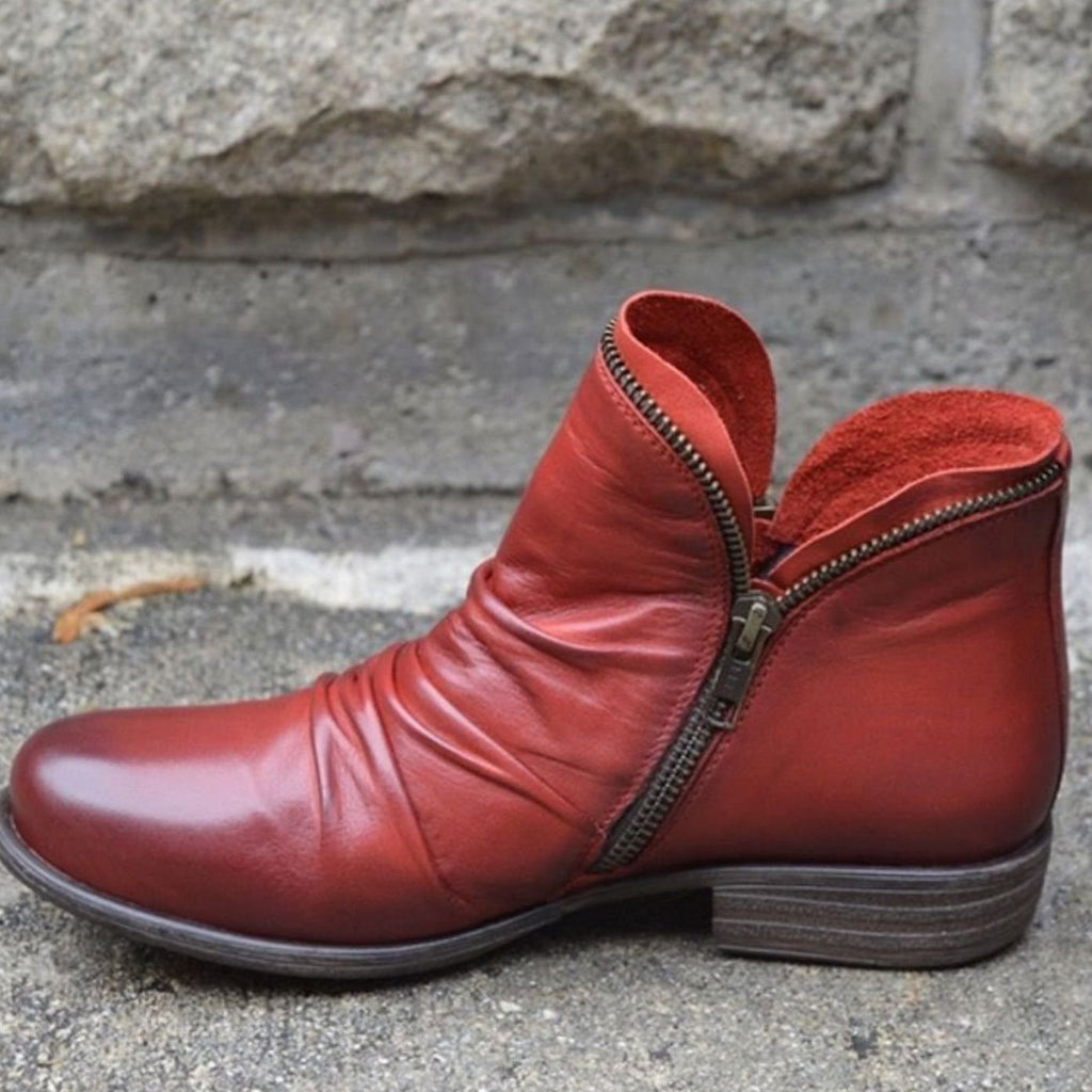 Women's Side-Zip Ruched Leather Ankle Boots