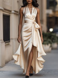 Women's Ruffled High-Low Satin Halter Wrap Dress