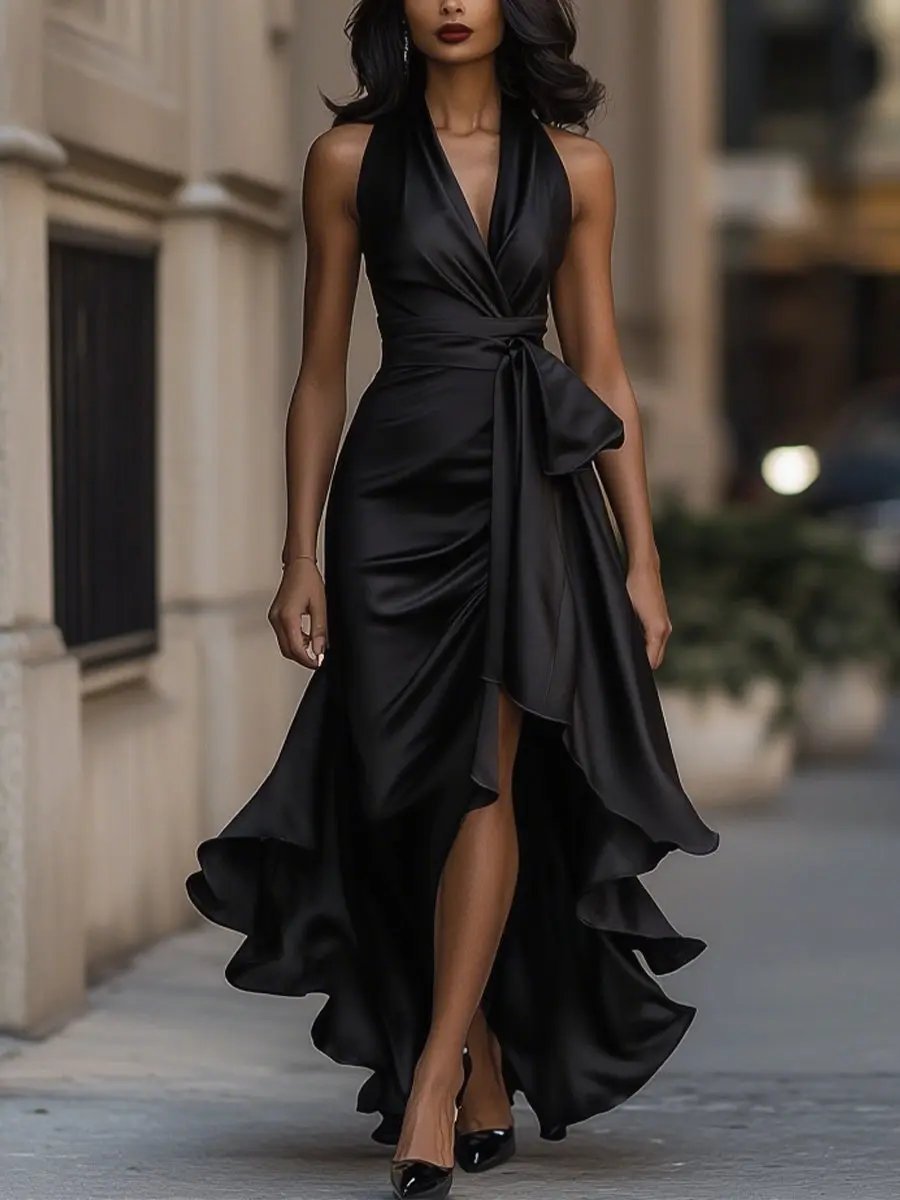 Women's Ruffled High-Low Satin Halter Wrap Dress