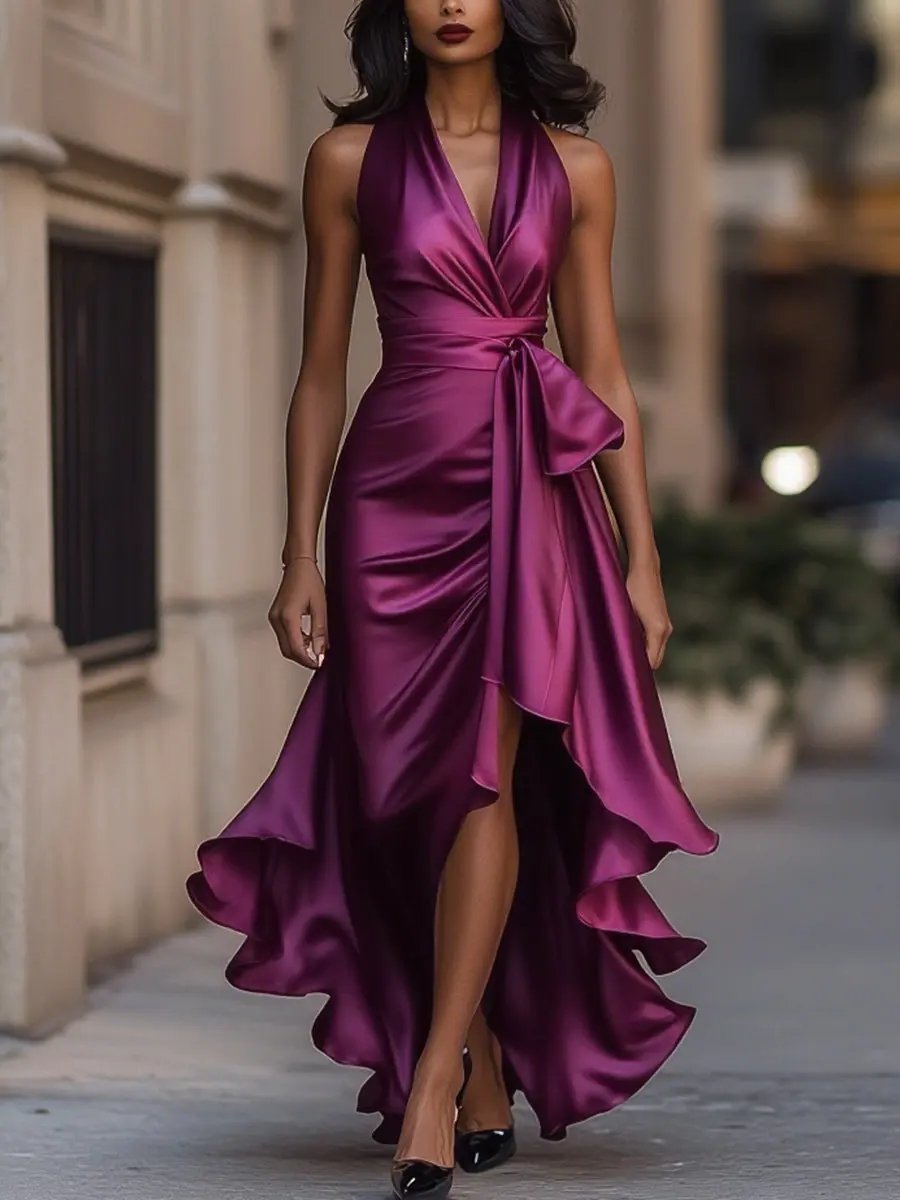 Women's Ruffled High-Low Satin Halter Wrap Dress