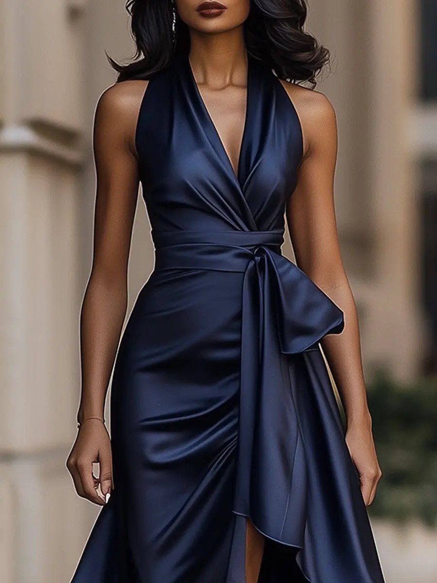 Women's Ruffled High-Low Satin Halter Wrap Dress