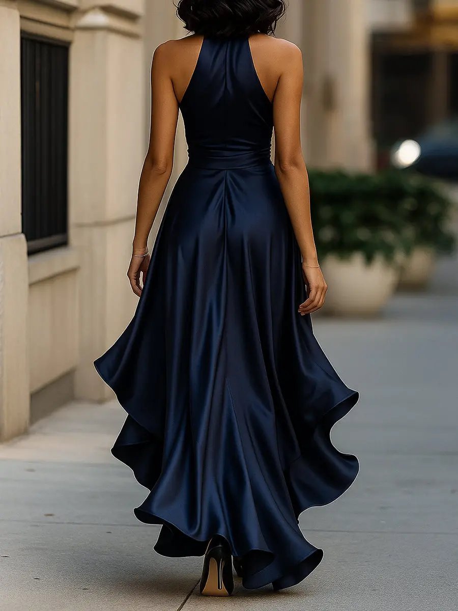 Women's Ruffled High-Low Satin Halter Wrap Dress