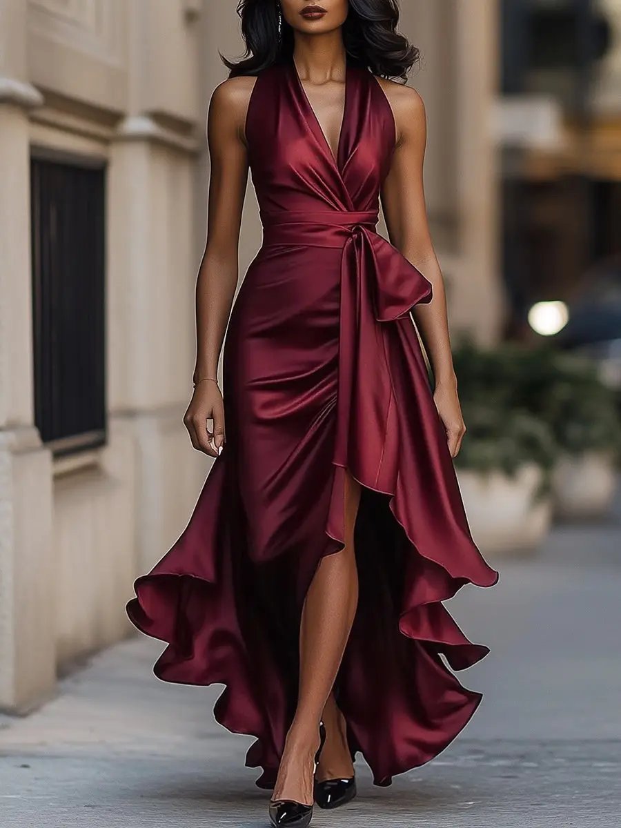 Women's Ruffled High-Low Satin Halter Wrap Dress