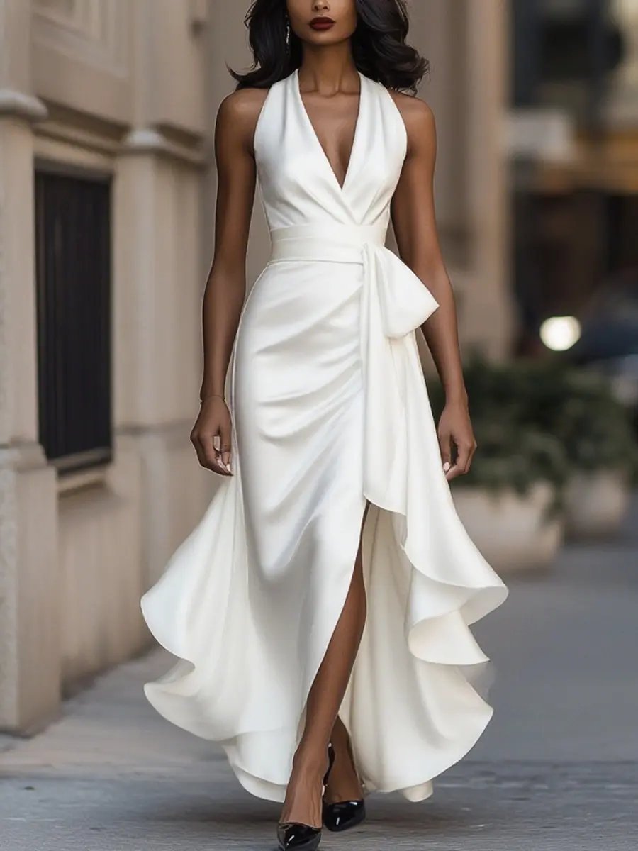 Women's Ruffled High-Low Satin Halter Wrap Dress