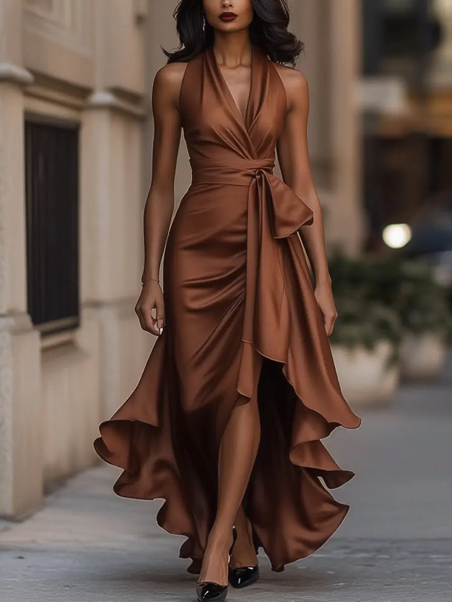 Women's Ruffled High-Low Satin Halter Wrap Dress
