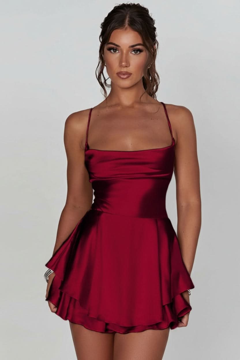 Women's Square-Neck Satin Ruffle Mini Dress