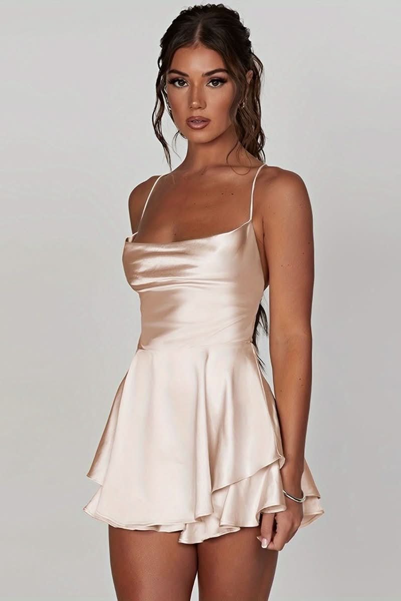 Women's Square-Neck Satin Ruffle Mini Dress