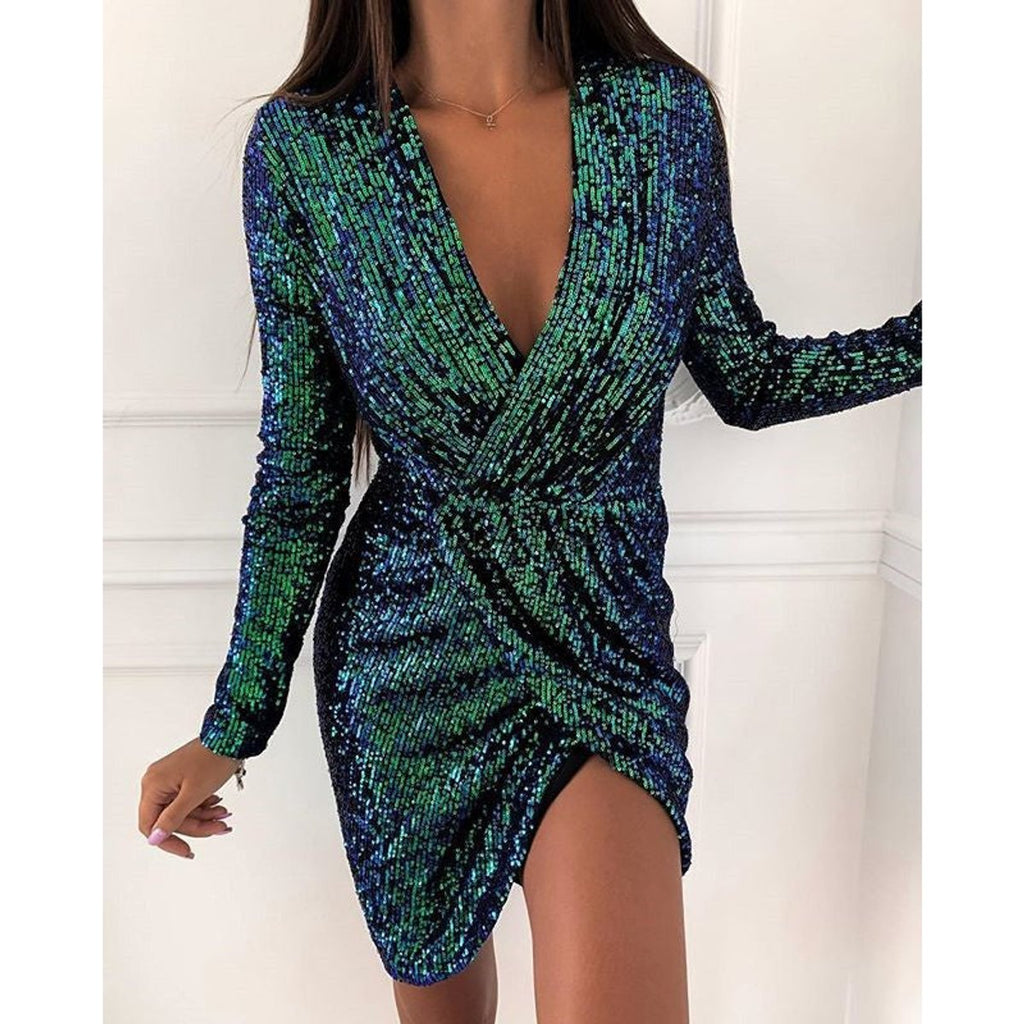 Women's Long-Sleeve Plunge Sequin Wrap Dress