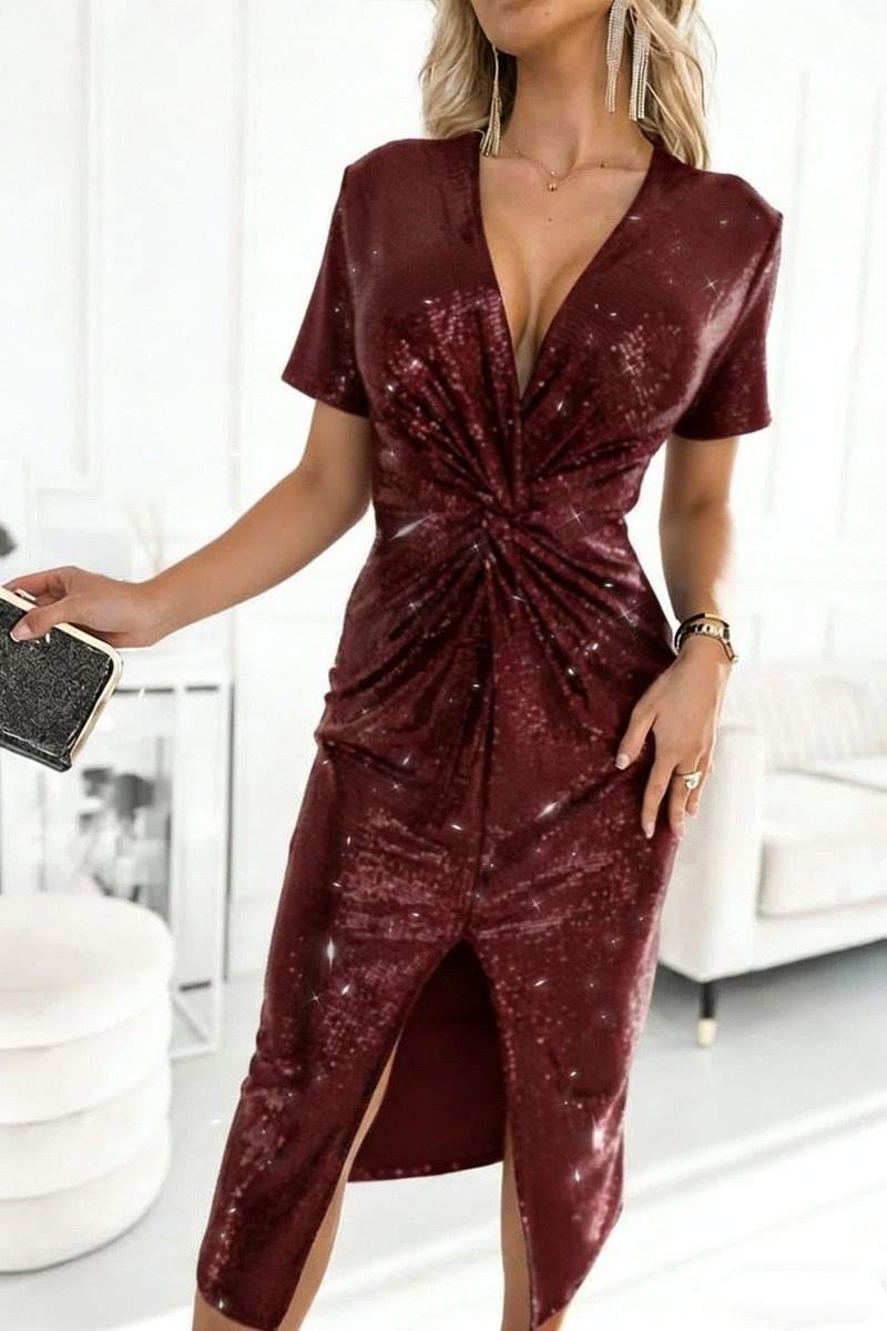 Women's Twist-Front Plunge Sequin Midi Dress