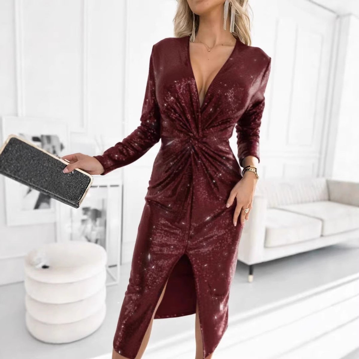 Women's Twist-Front Plunge Sequin Midi Dress