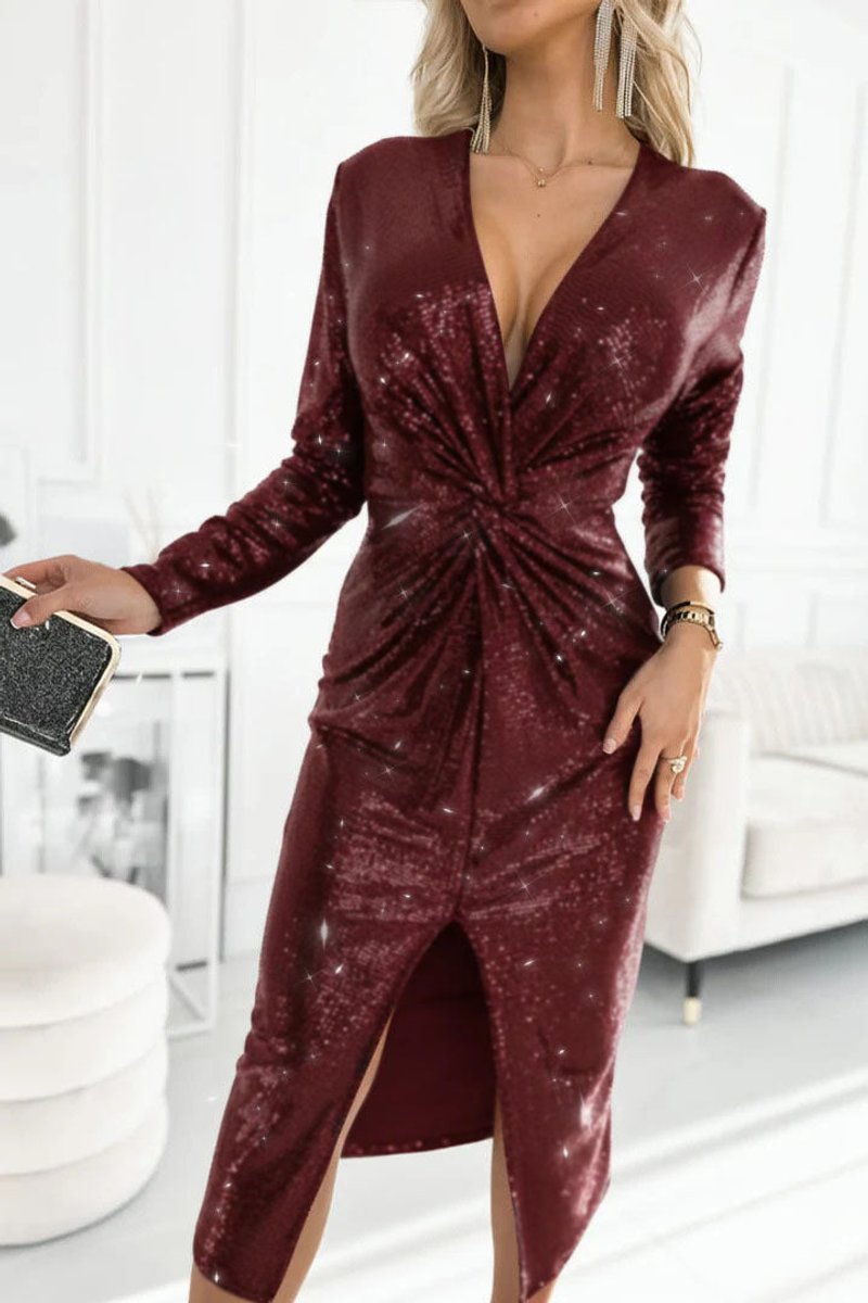Women's Twist-Front Plunge Sequin Midi Dress