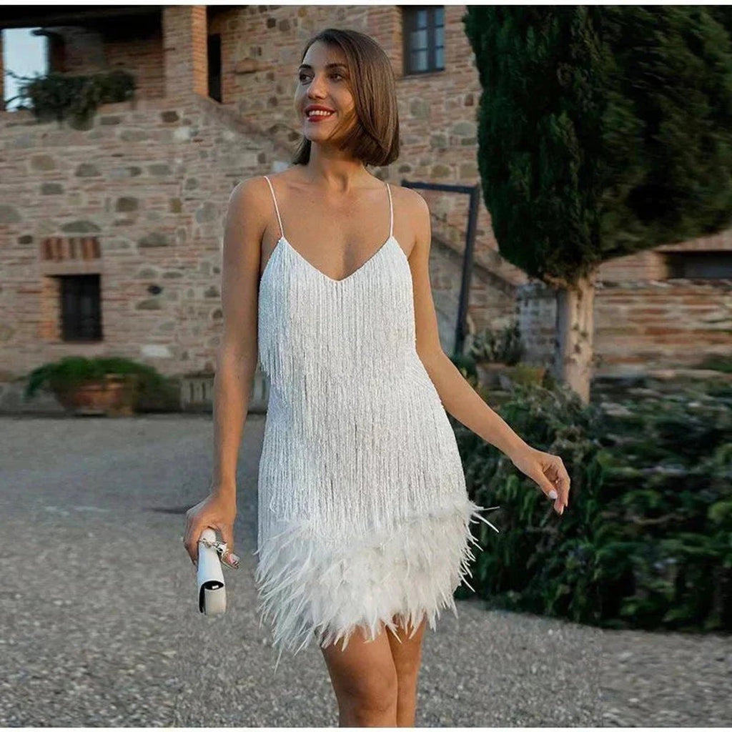 Women's Feather-Trim Fringed Sequin Mini Dress