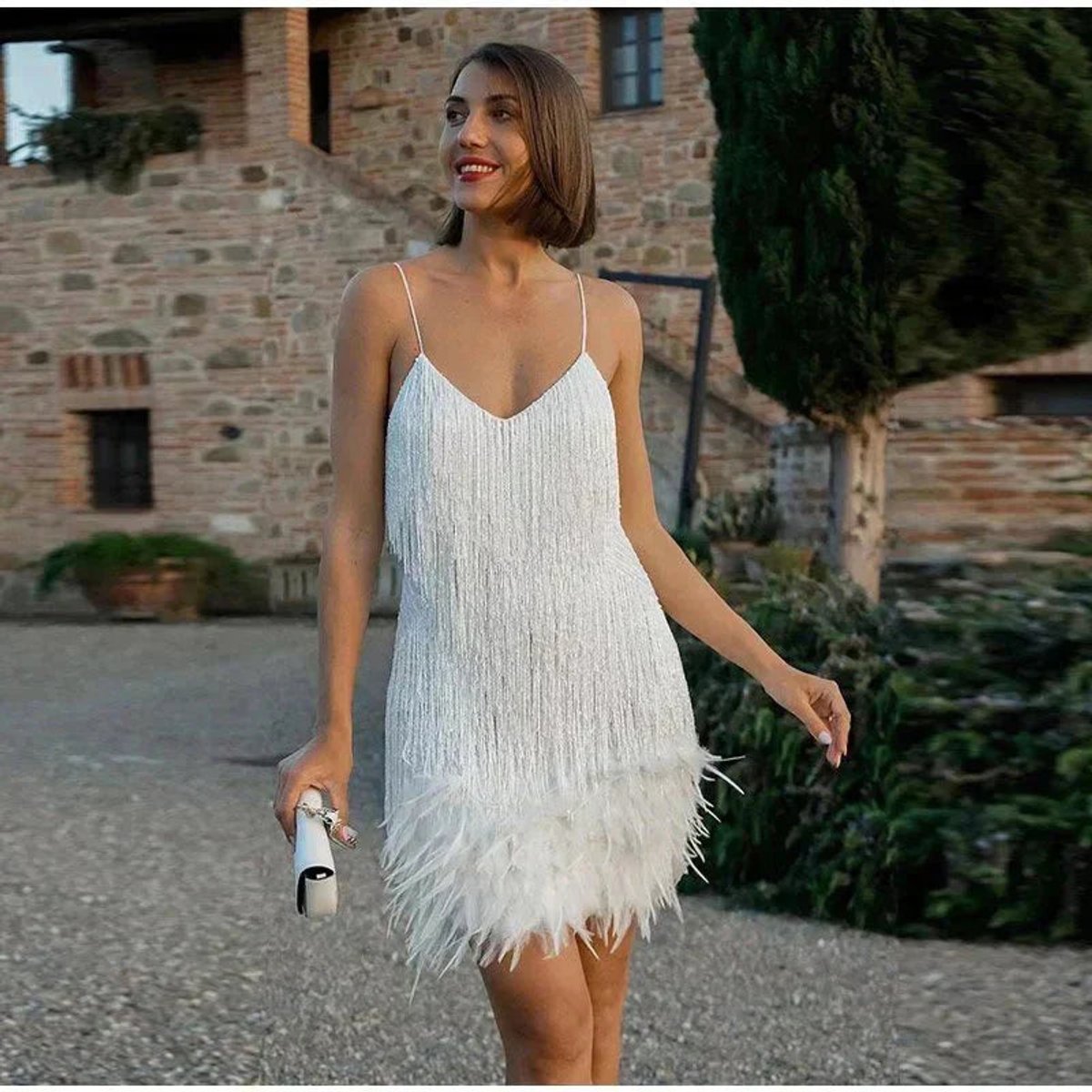 Women's Feather-Trim Fringed Sequin Mini Dress