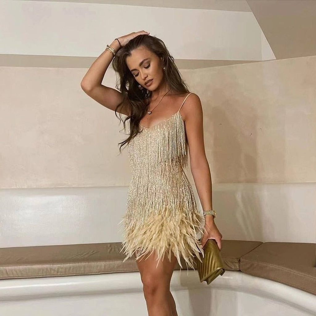 Women's Feather-Trim Fringed Sequin Mini Dress