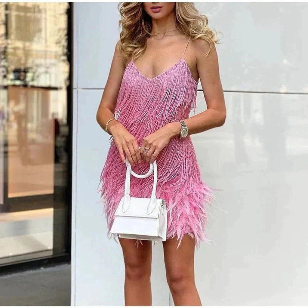 Women's Feather-Trim Fringed Sequin Mini Dress