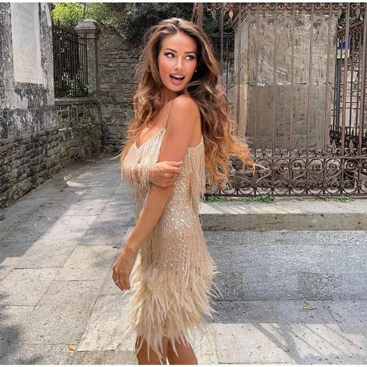 Women's Feather-Trim Fringed Sequin Mini Dress