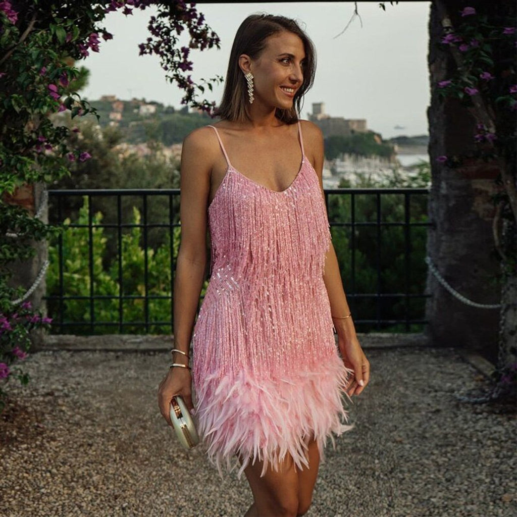 Women's Feather-Trim Fringed Sequin Mini Dress
