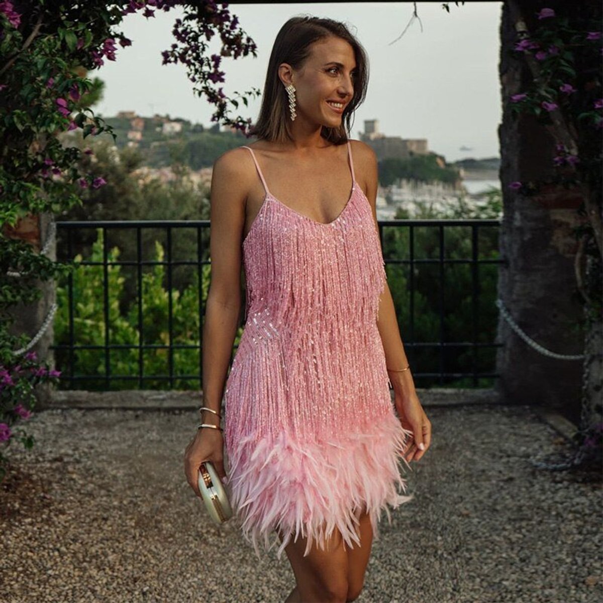 Women's Feather-Trim Fringed Sequin Mini Dress