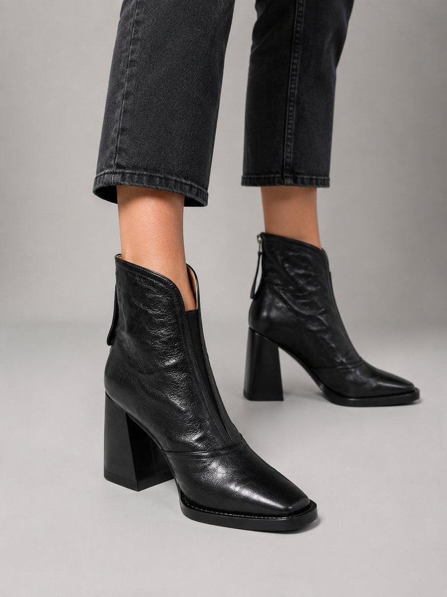 Women's Leather Square-Toe Heeled Ankle Boots