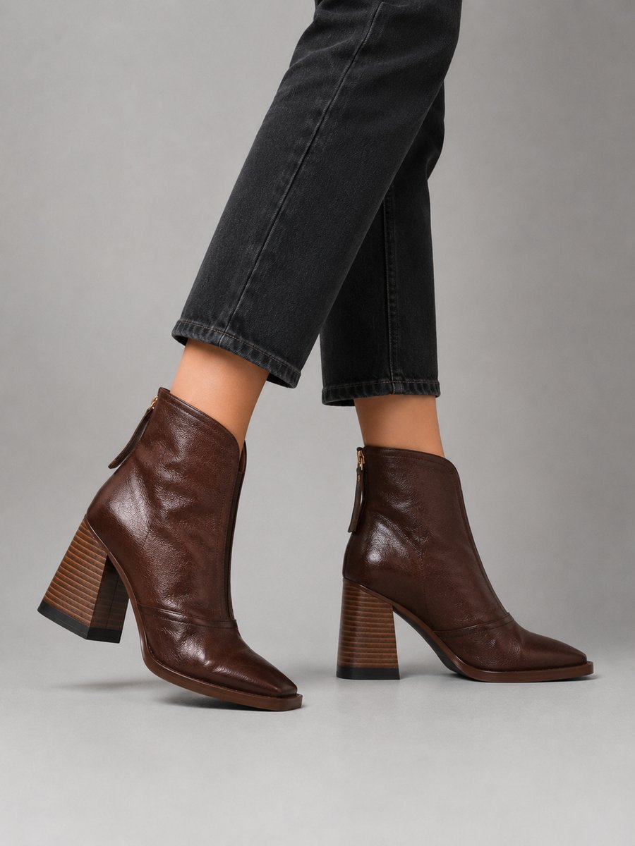 Women's Leather Square-Toe Heeled Ankle Boots
