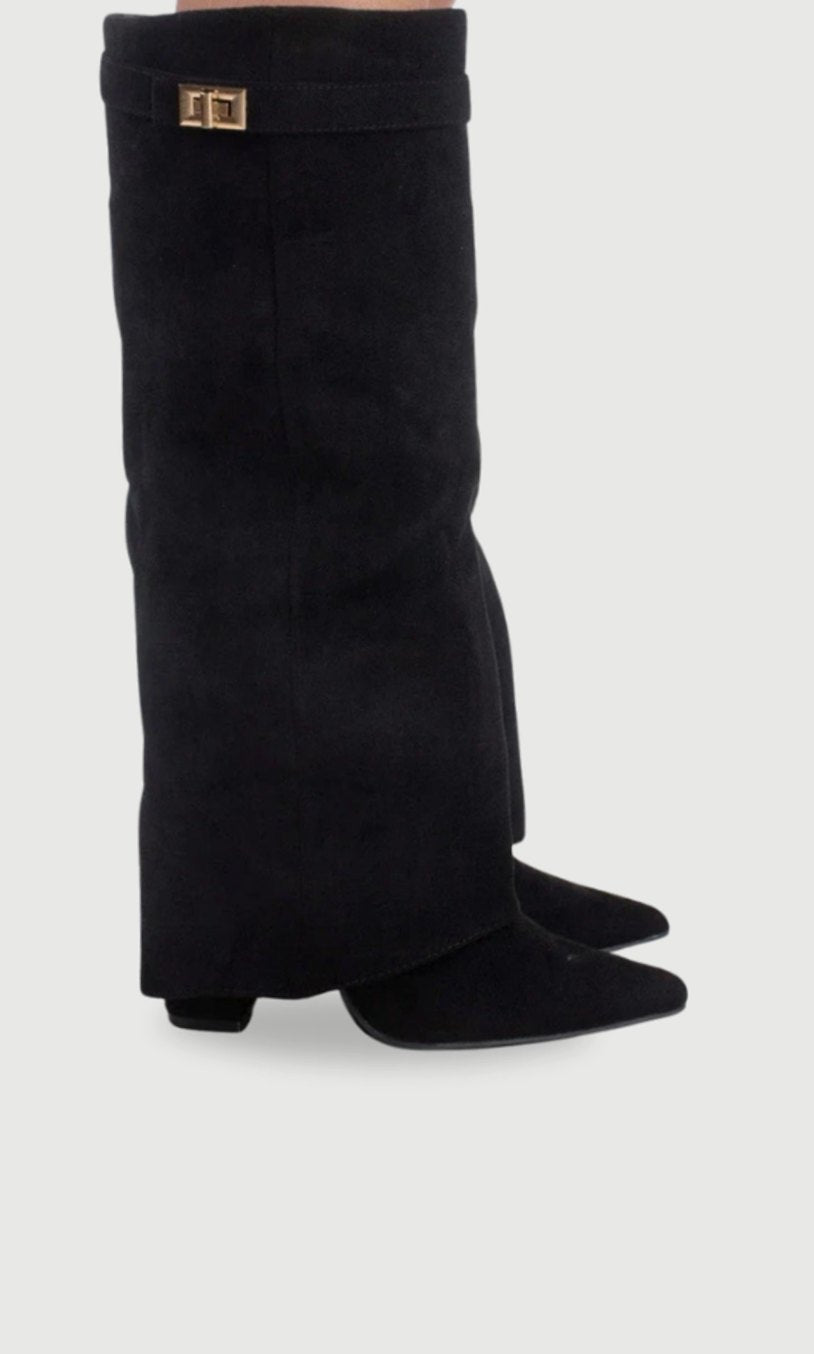 Women's Buckled Suede Fold-Over Thigh-High Boots