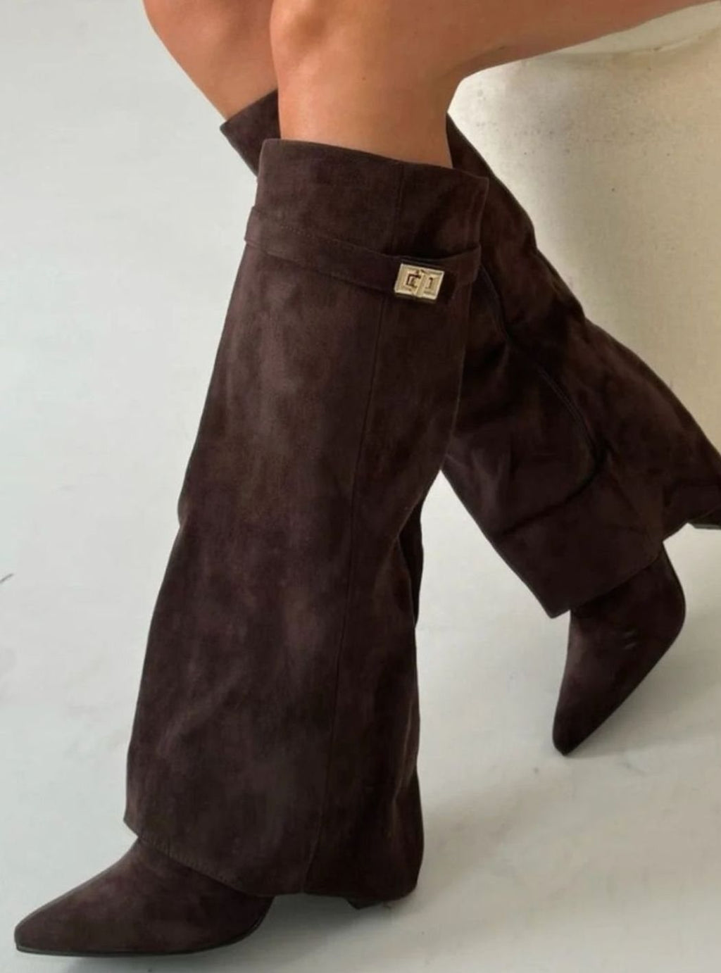 Women's Buckled Suede Fold-Over Thigh-High Boots