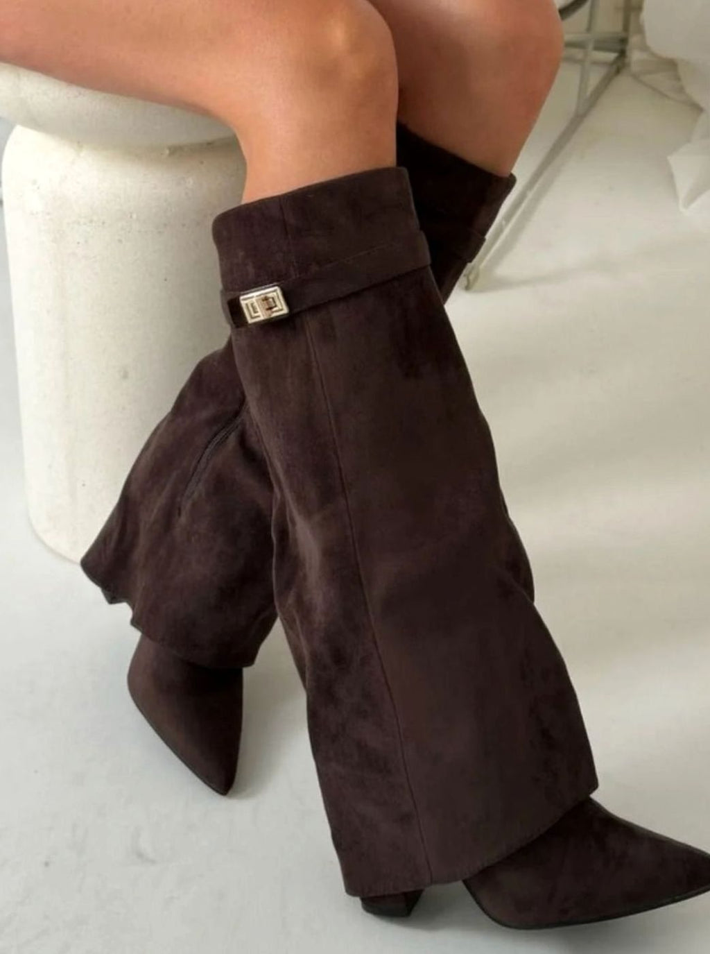 Women's Buckled Suede Fold-Over Thigh-High Boots