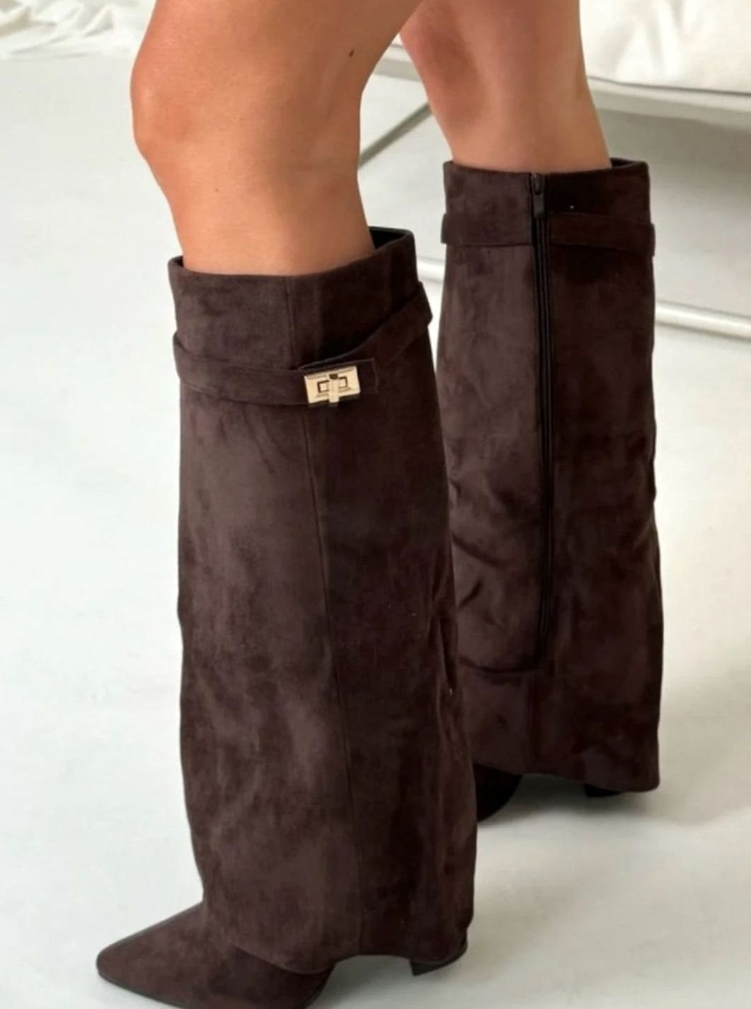 Women's Buckled Suede Fold-Over Thigh-High Boots