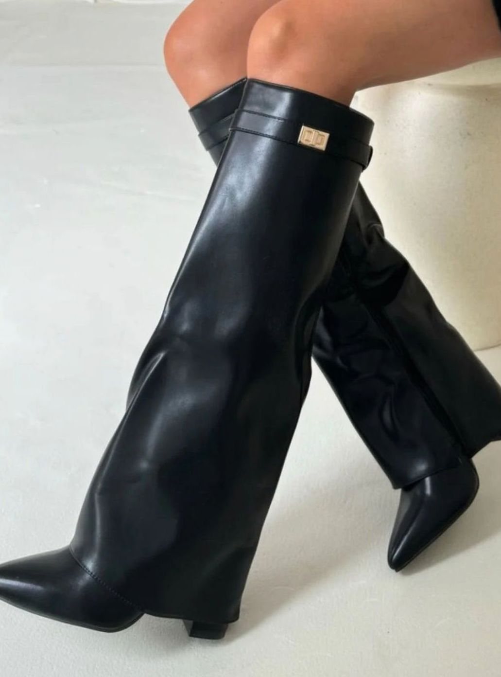 Women's Buckled Suede Fold-Over Thigh-High Boots