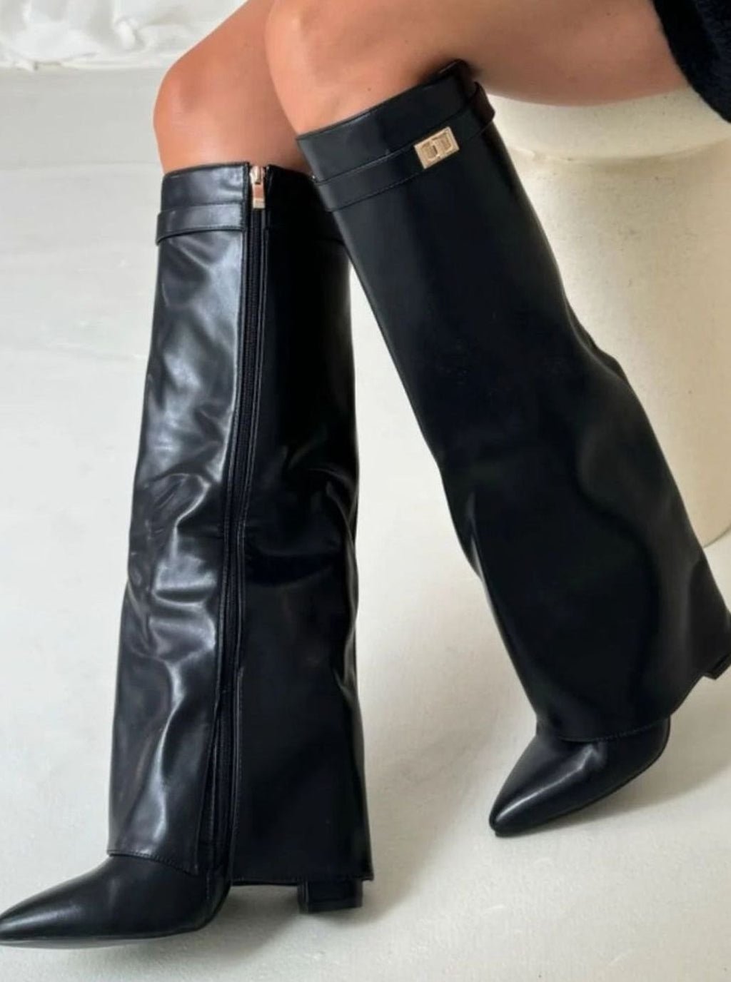 Women's Buckled Suede Fold-Over Thigh-High Boots