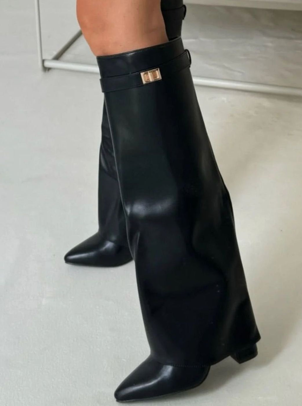 Women's Buckled Suede Fold-Over Thigh-High Boots