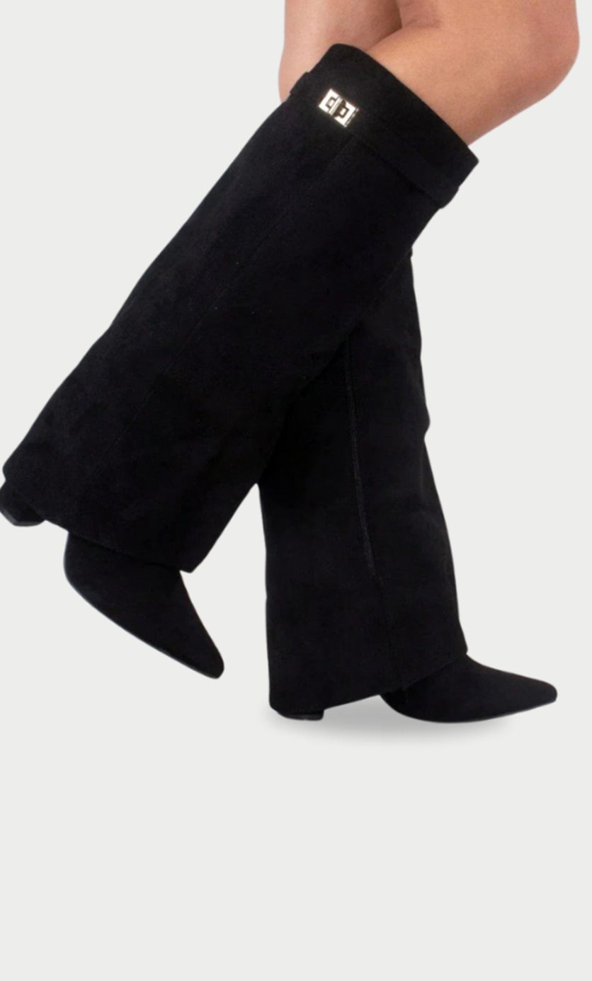 Women's Buckled Suede Fold-Over Thigh-High Boots