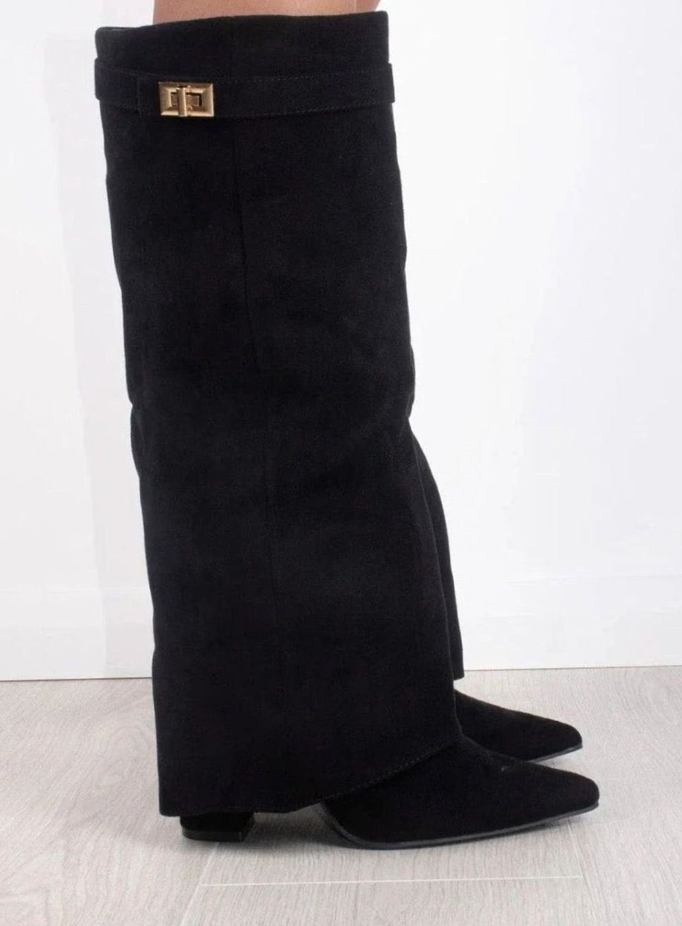 Women's Buckled Suede Fold-Over Thigh-High Boots
