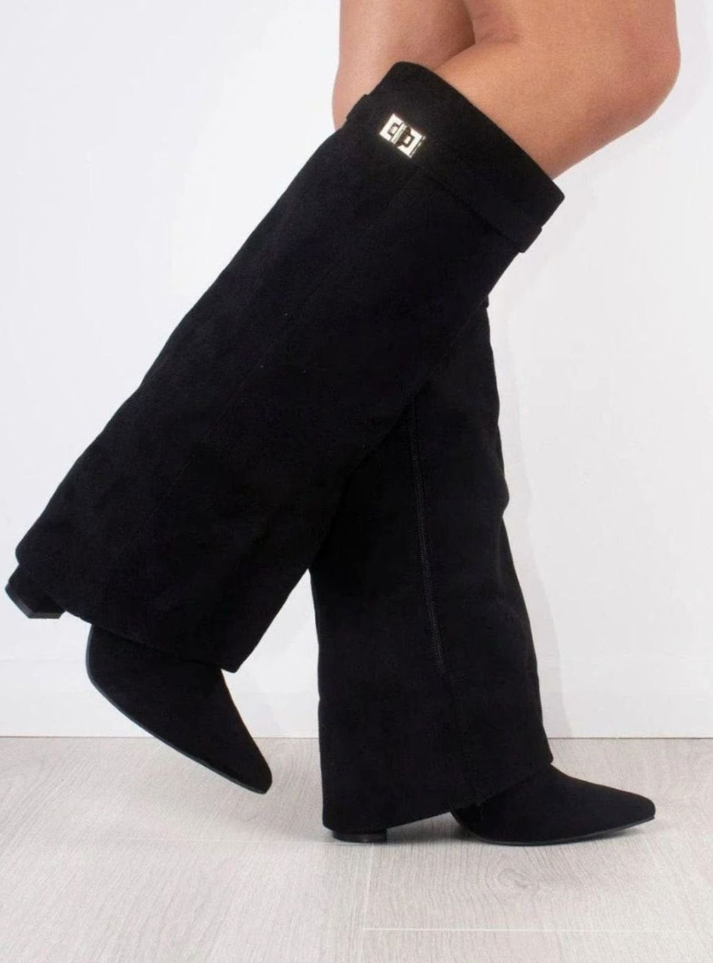 Women's Buckled Suede Fold-Over Thigh-High Boots