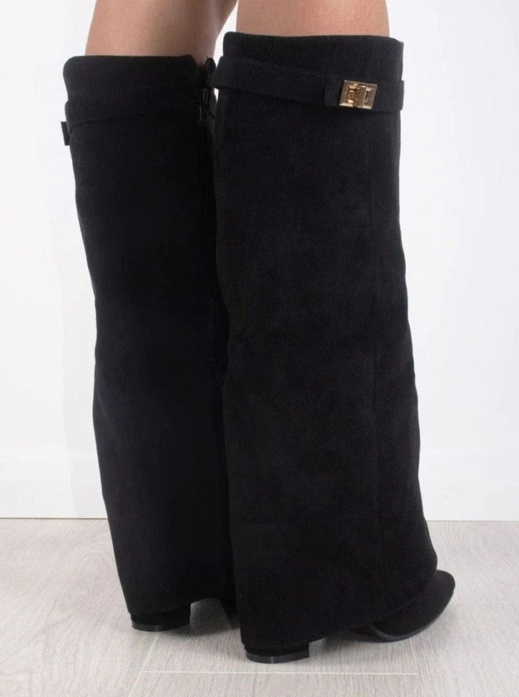 Women's Buckled Suede Fold-Over Thigh-High Boots
