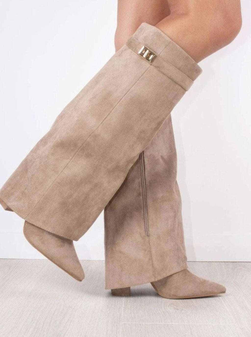 Women's Buckled Suede Fold-Over Thigh-High Boots