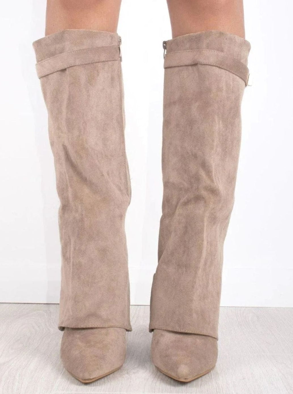 Women's Buckled Suede Fold-Over Thigh-High Boots