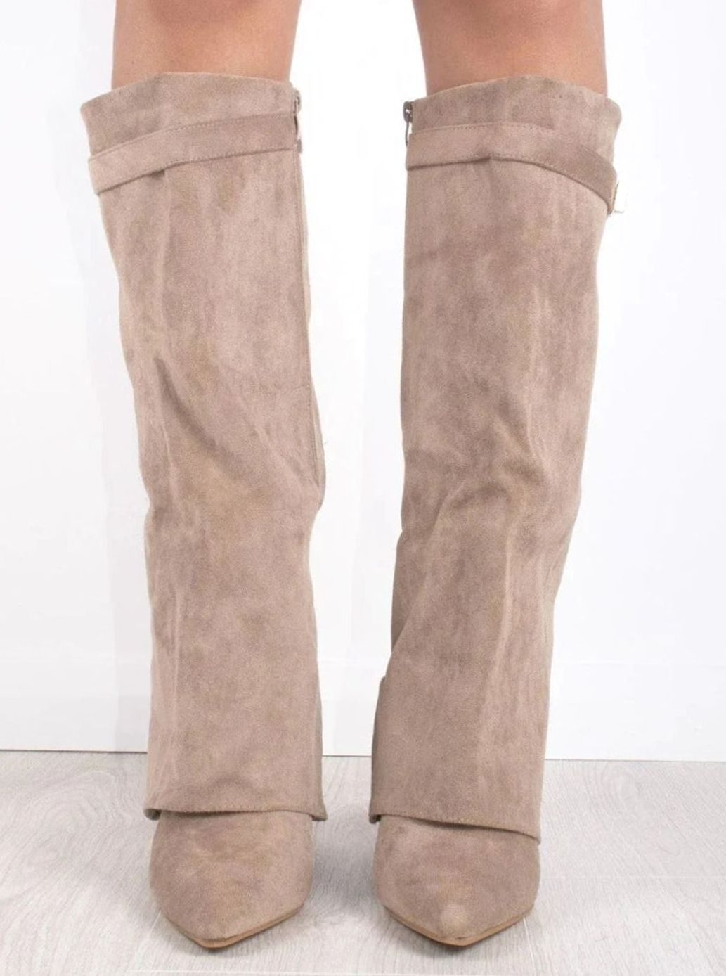 Women's Buckled Suede Fold-Over Thigh-High Boots