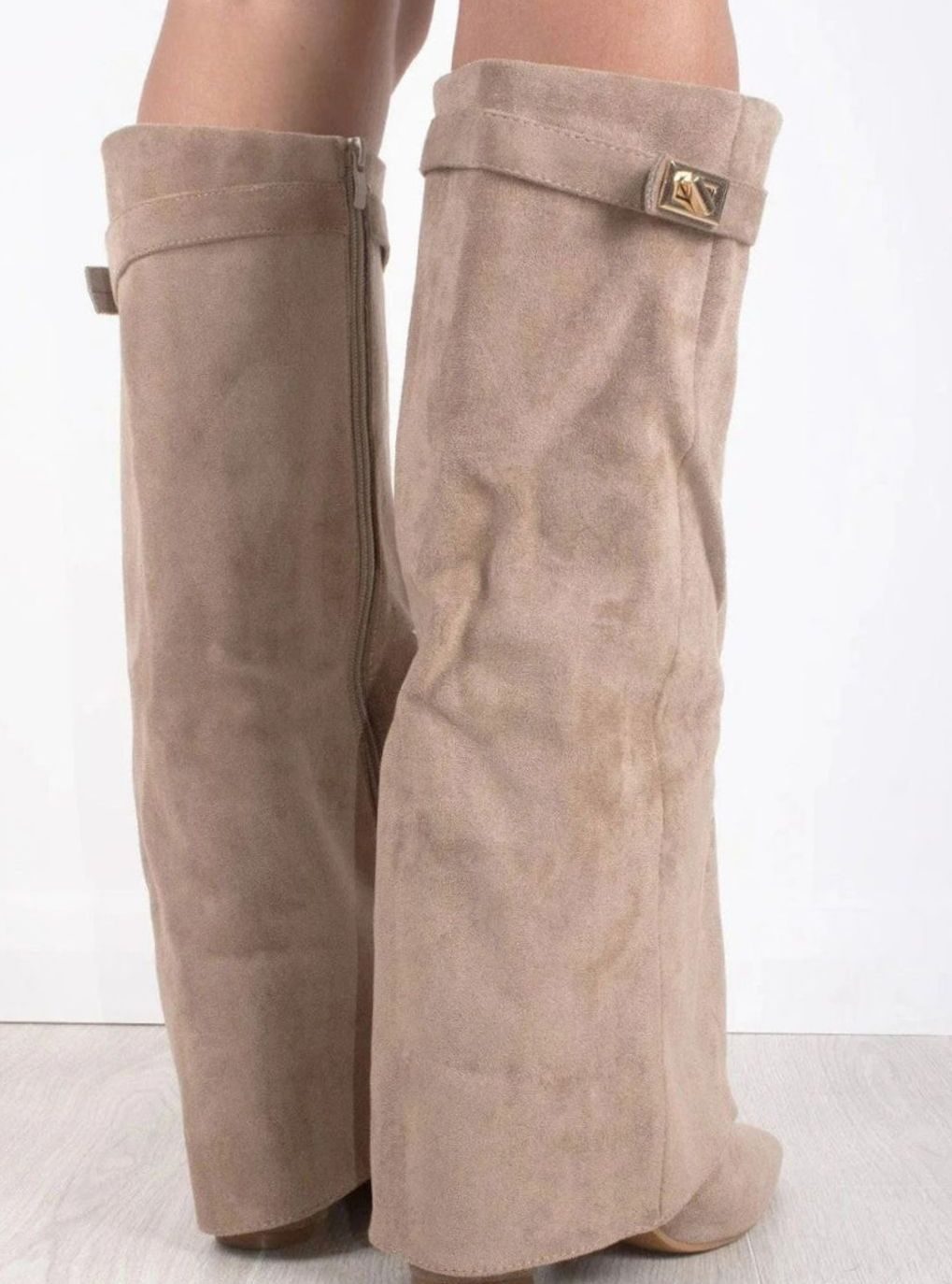 Women's Buckled Suede Fold-Over Thigh-High Boots