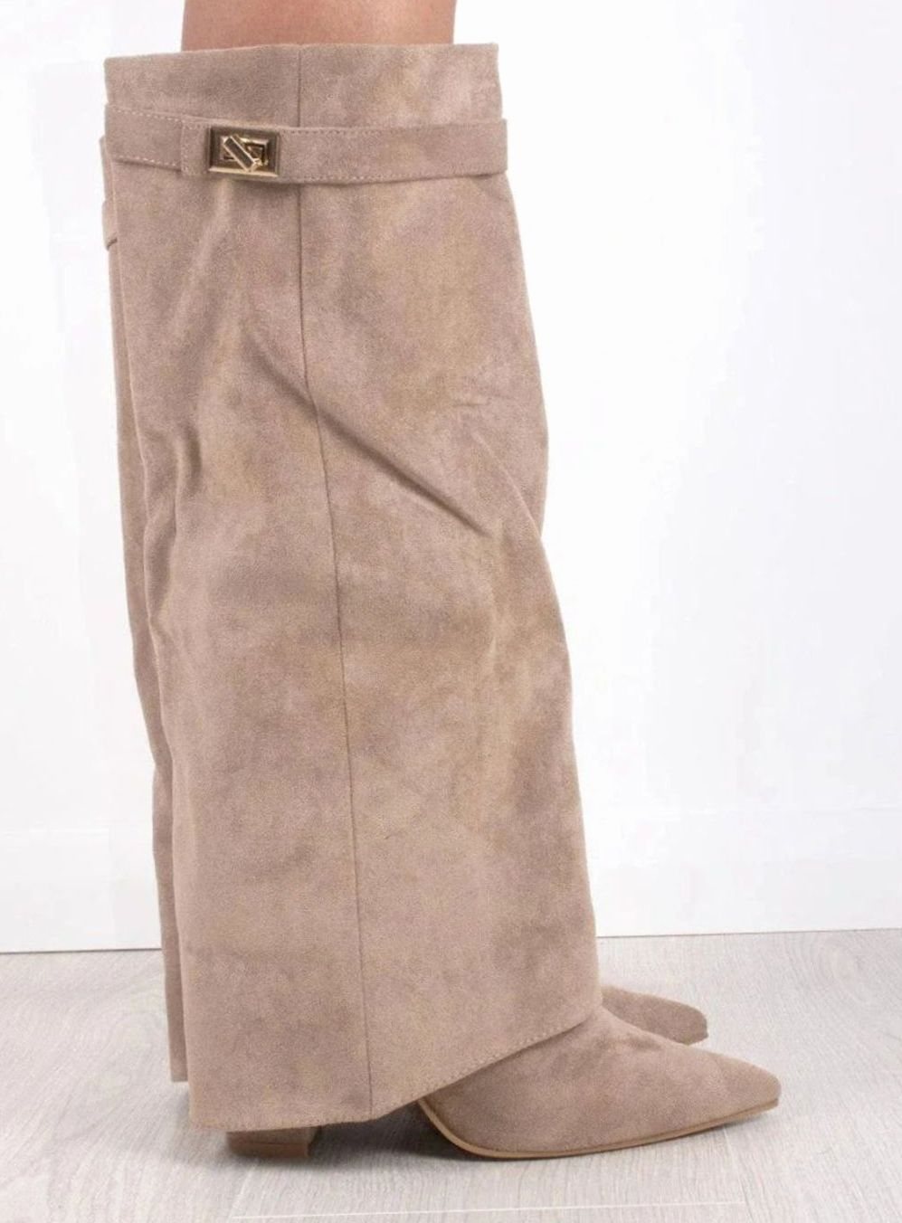 Women's Buckled Suede Fold-Over Thigh-High Boots