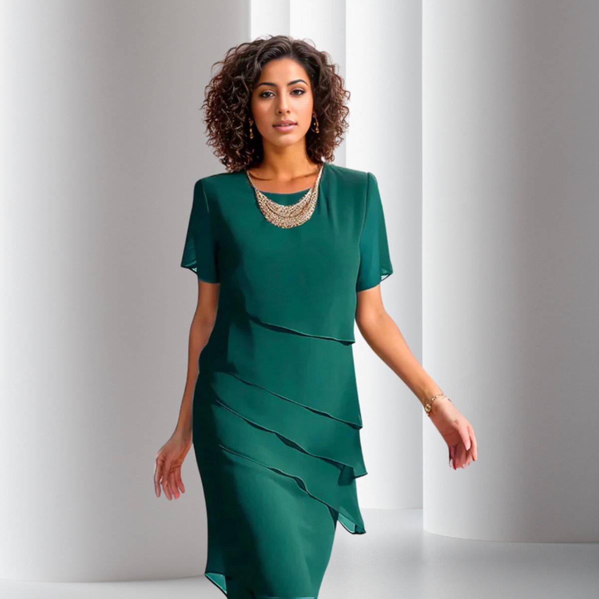 Women's Short-Sleeve Tiered Chiffon Party Dress