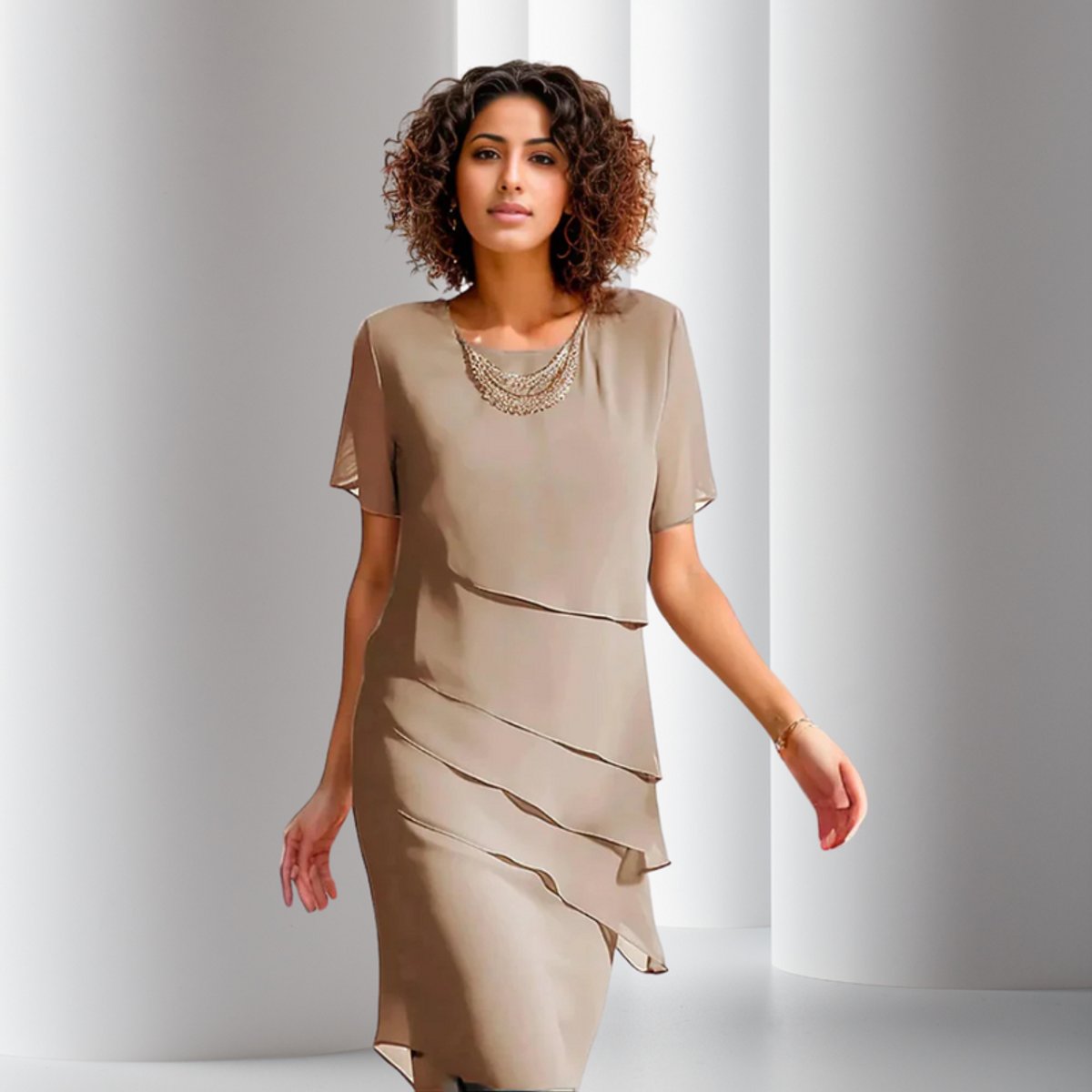 Women's Short-Sleeve Tiered Chiffon Party Dress