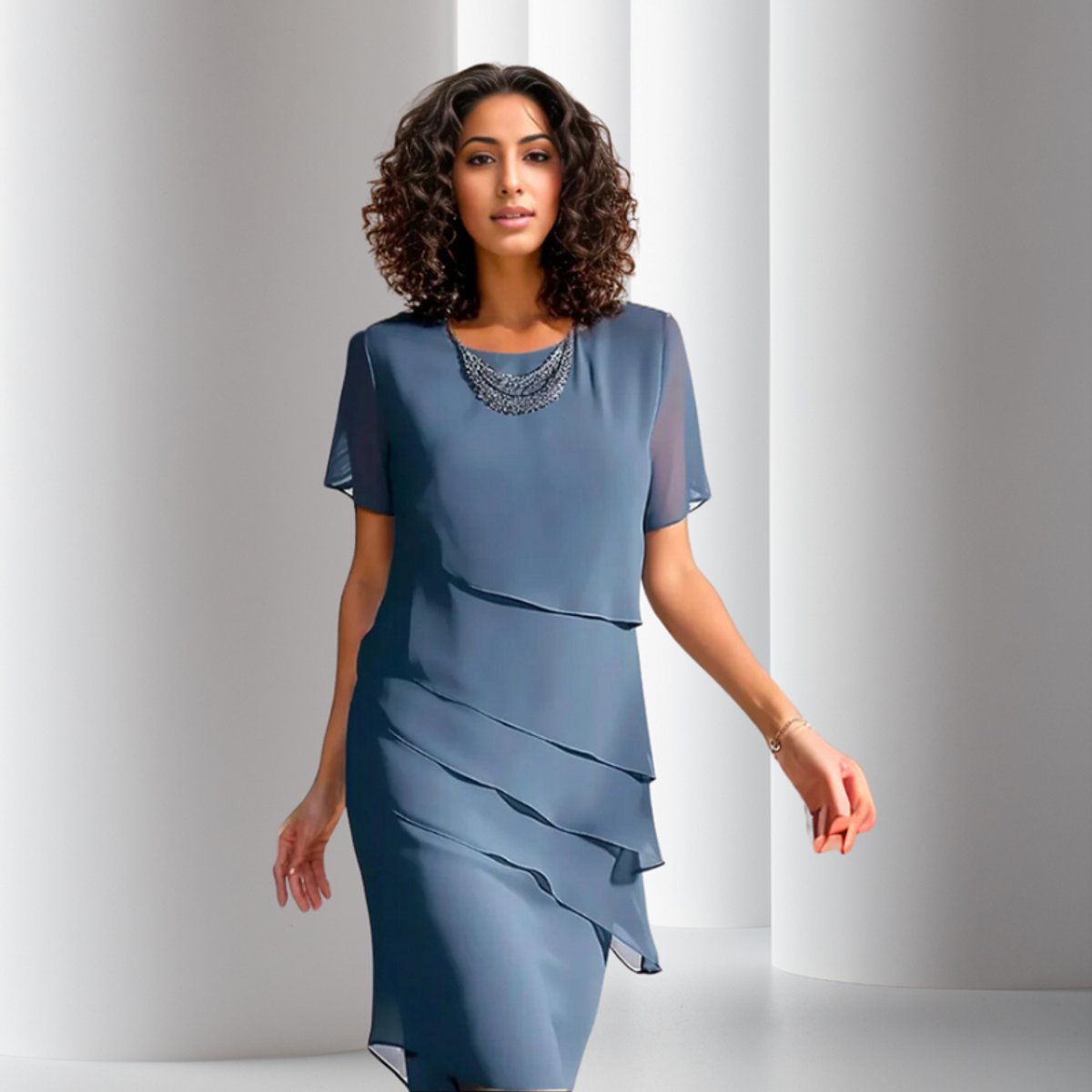 Women's Short-Sleeve Tiered Chiffon Party Dress