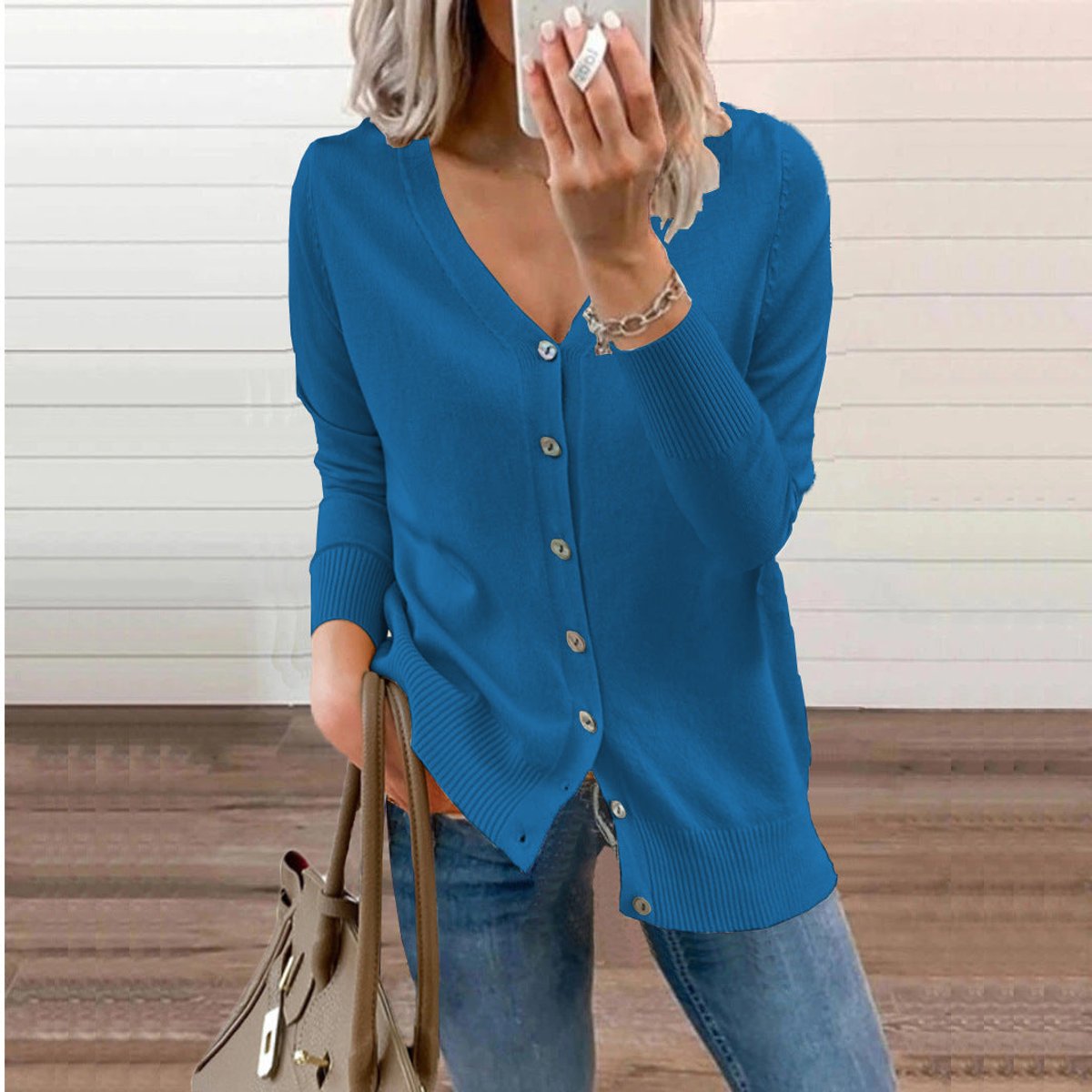 Women's Long-Sleeve V-Neck Button-Through Cardigan