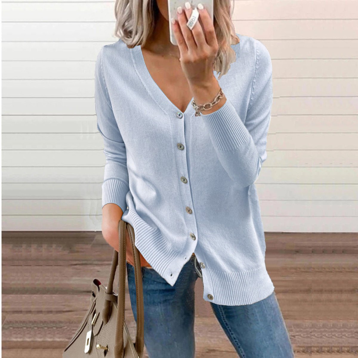 Women's Long-Sleeve V-Neck Button-Through Cardigan