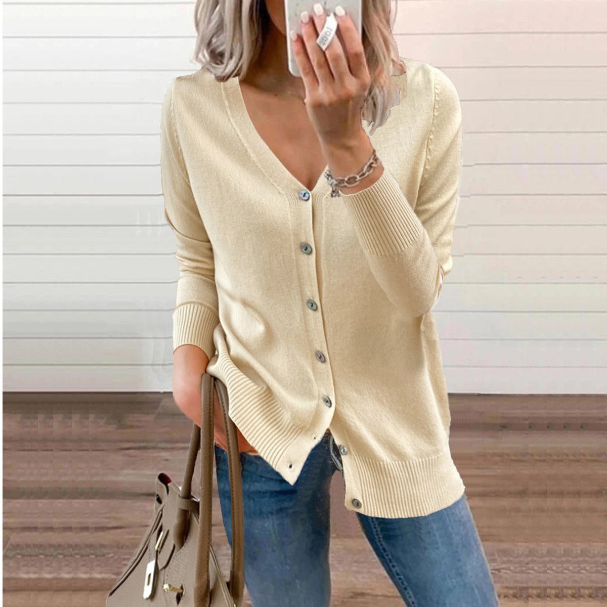 Women's Long-Sleeve V-Neck Button-Through Cardigan